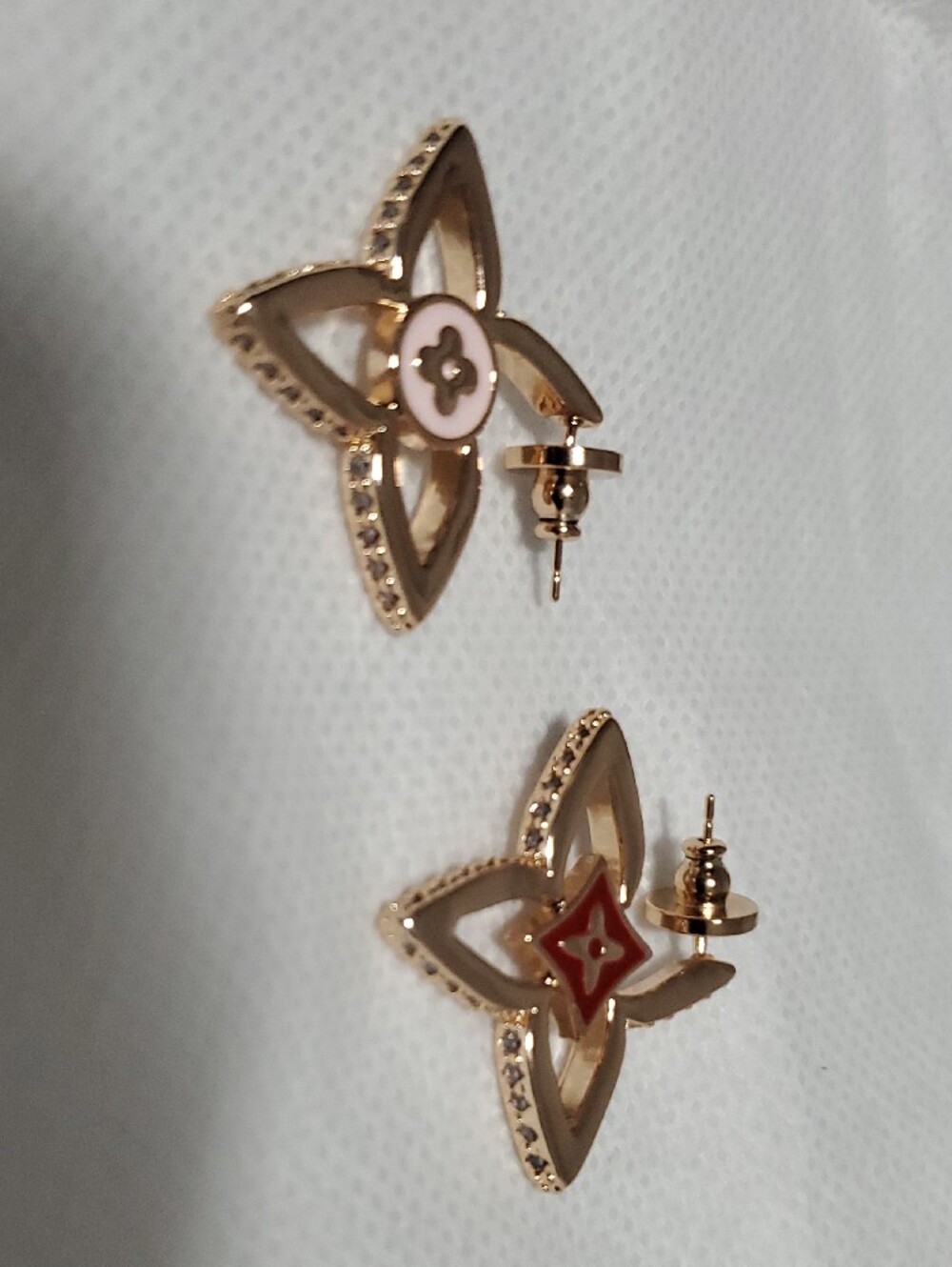 Lv  Rose Gold Floral Motif Stud Earrings with Pink & Red Accents